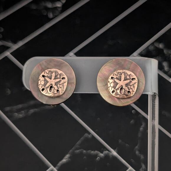 Vintage Clip On Earrings - Mother of Pearl? with Gold Tone Sand Dollar 0.75" - Picture 1 of 11